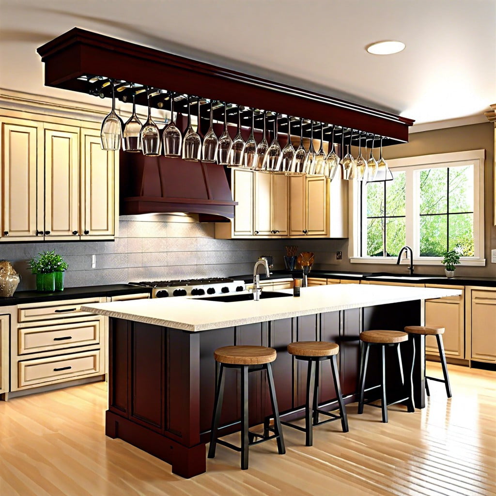 hanging wine glass rack over kitchen island