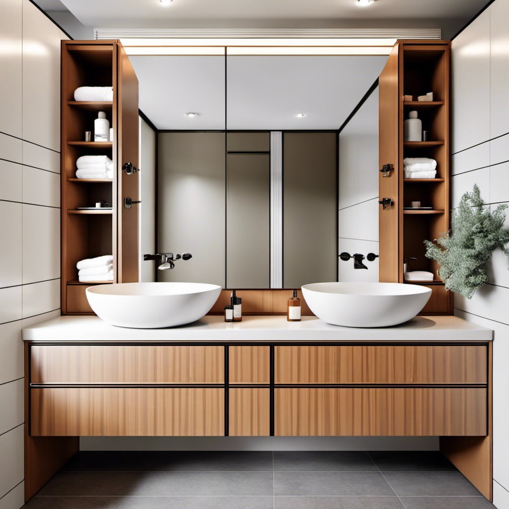 his and hers separate sinks with a shared medicine cabinet