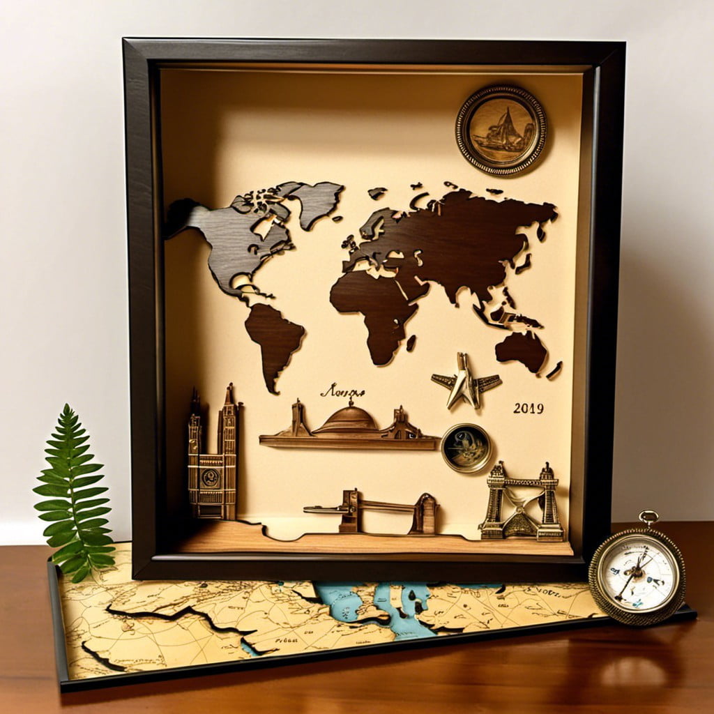 key shadow box with world map for travelers