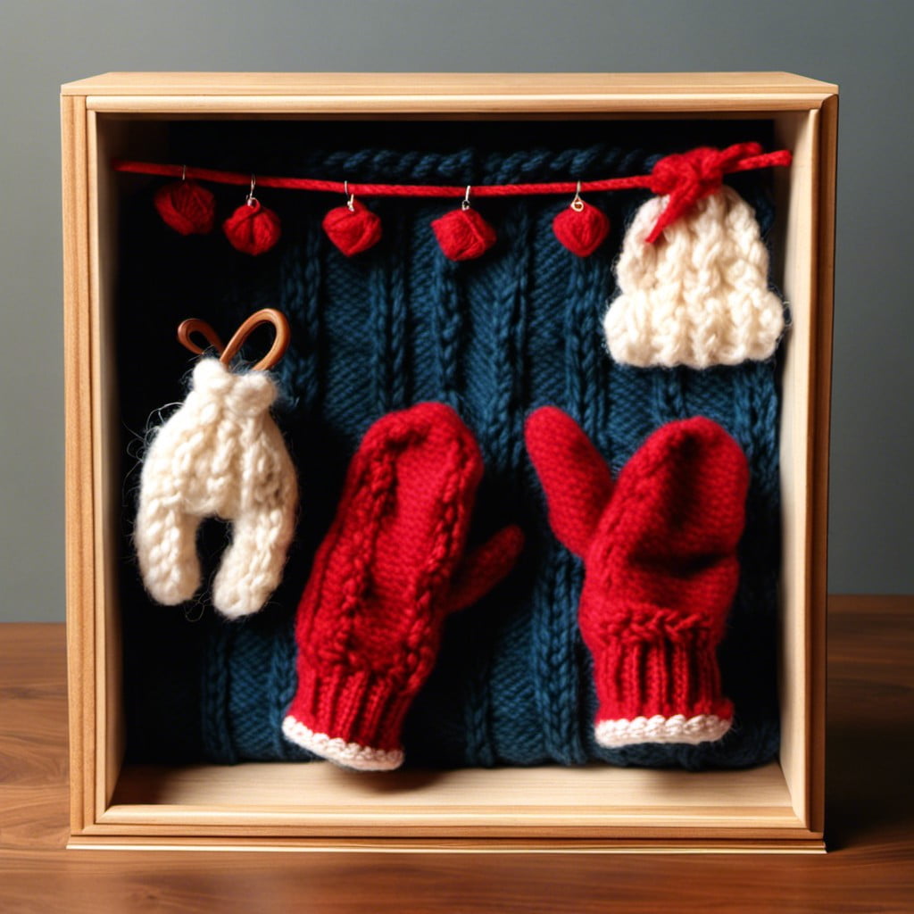 knitted scarves and mittens shadow box