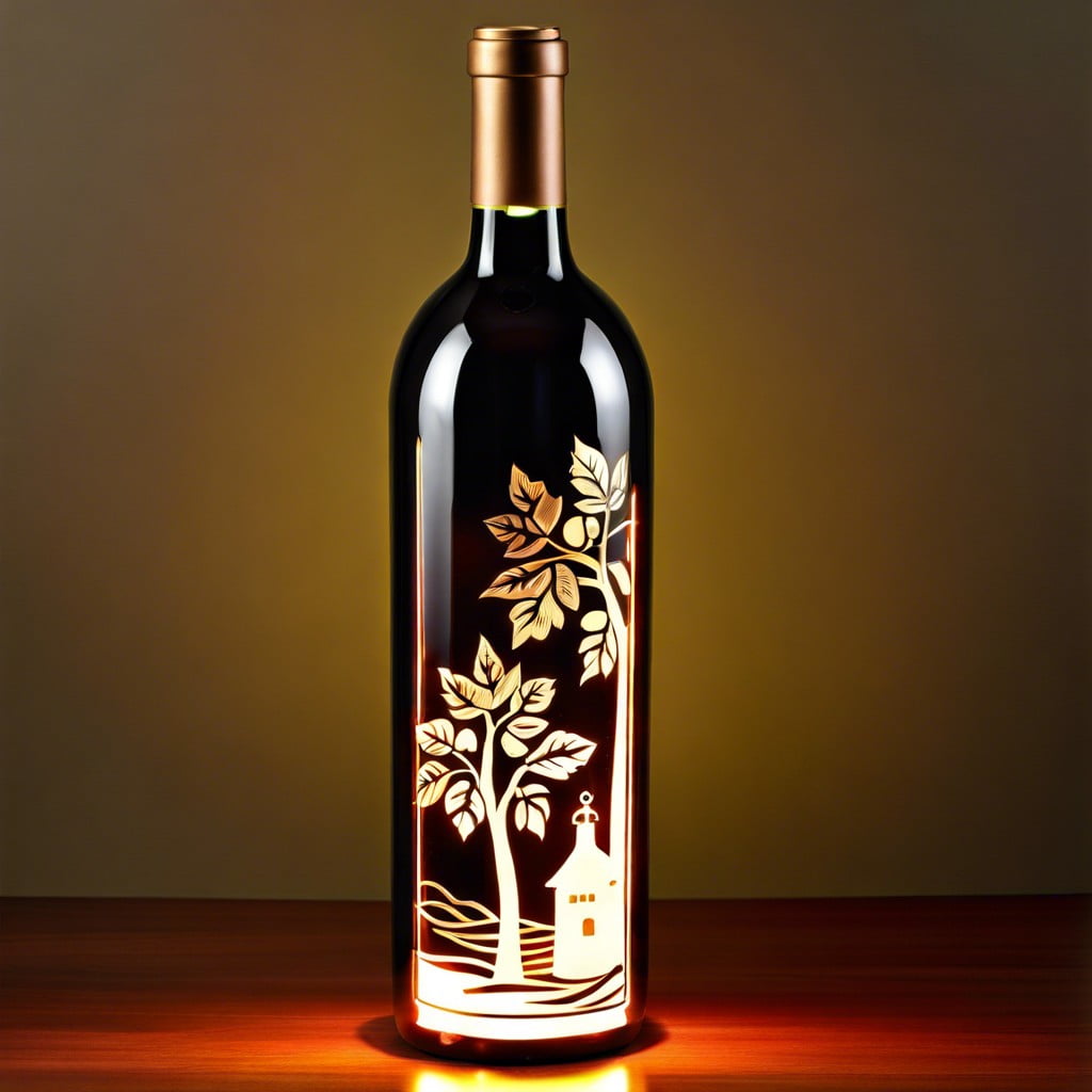 lighted wine bottle with etched design