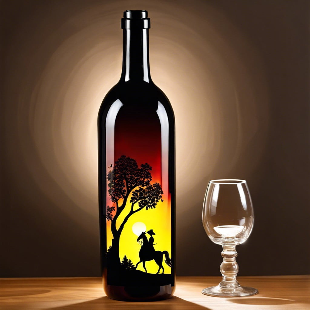 lighted wine bottle with silhouette art