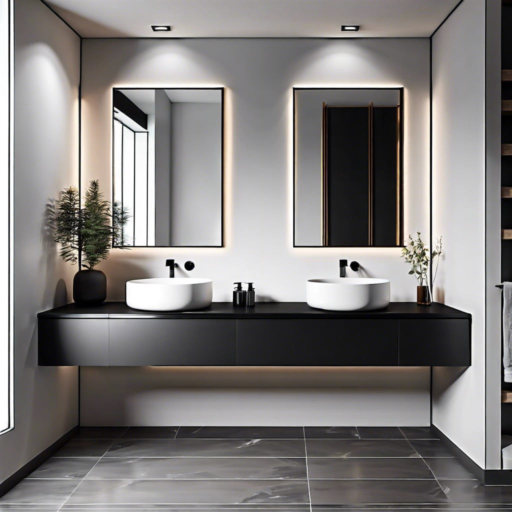 minimalist bathroom with floating black countertop