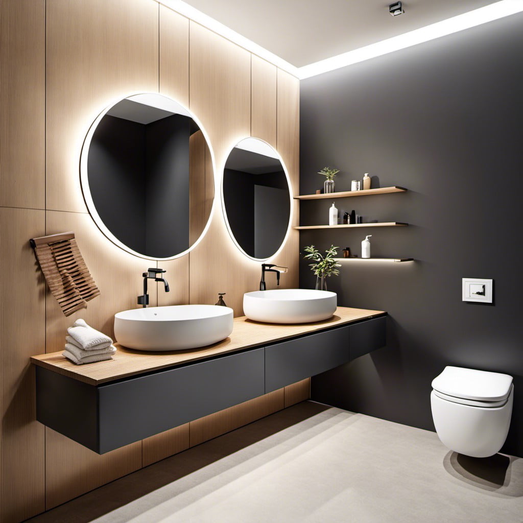 minimalist design with floating sinks and hidden storage