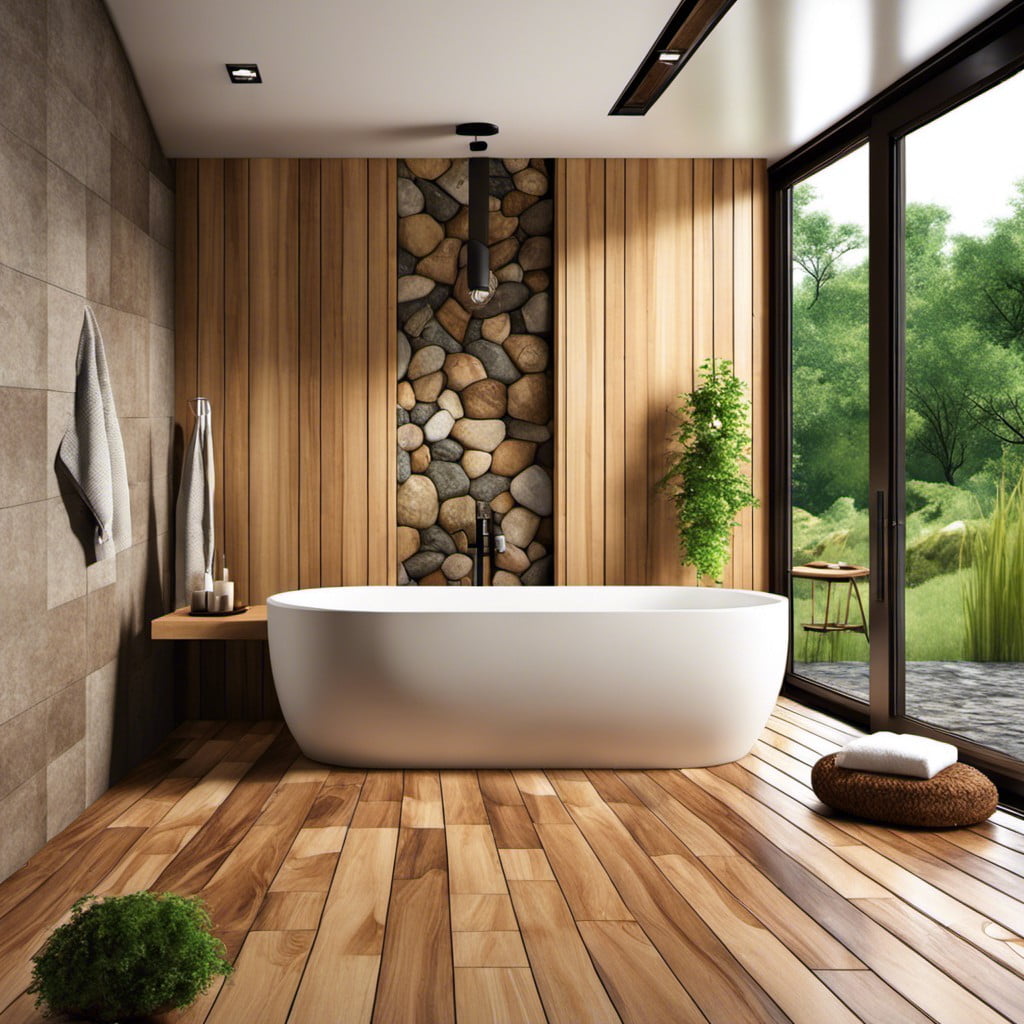 mix wooden tiles with stone tiles for a nature themed bathroom