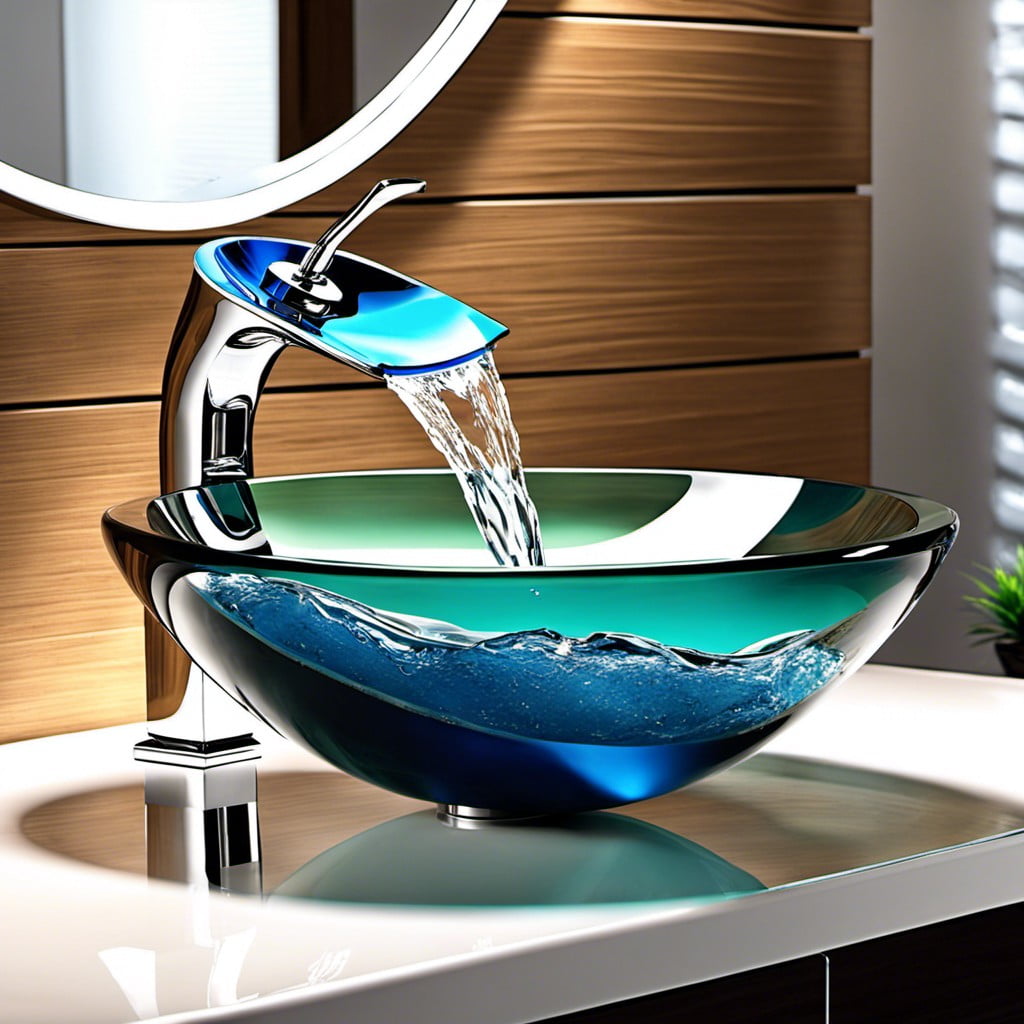 modern glass vessel sinks with waterfall faucets