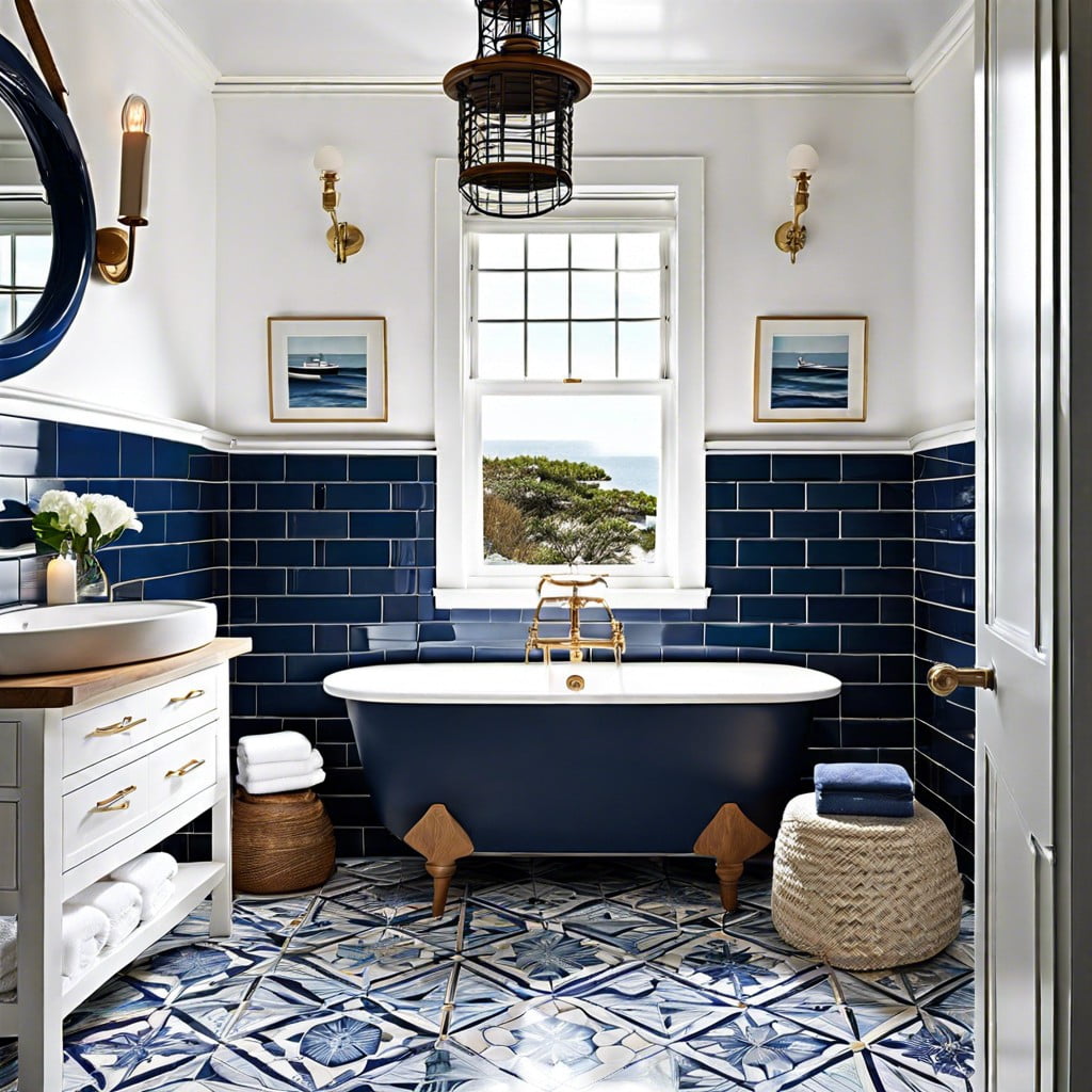 naval style navy blue and white tiles