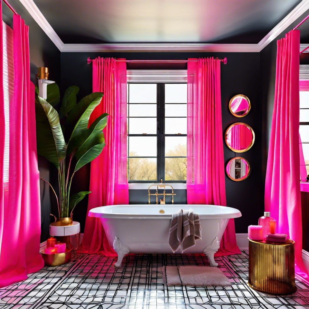 neon pink bathroom window curtains for an eclectic feel