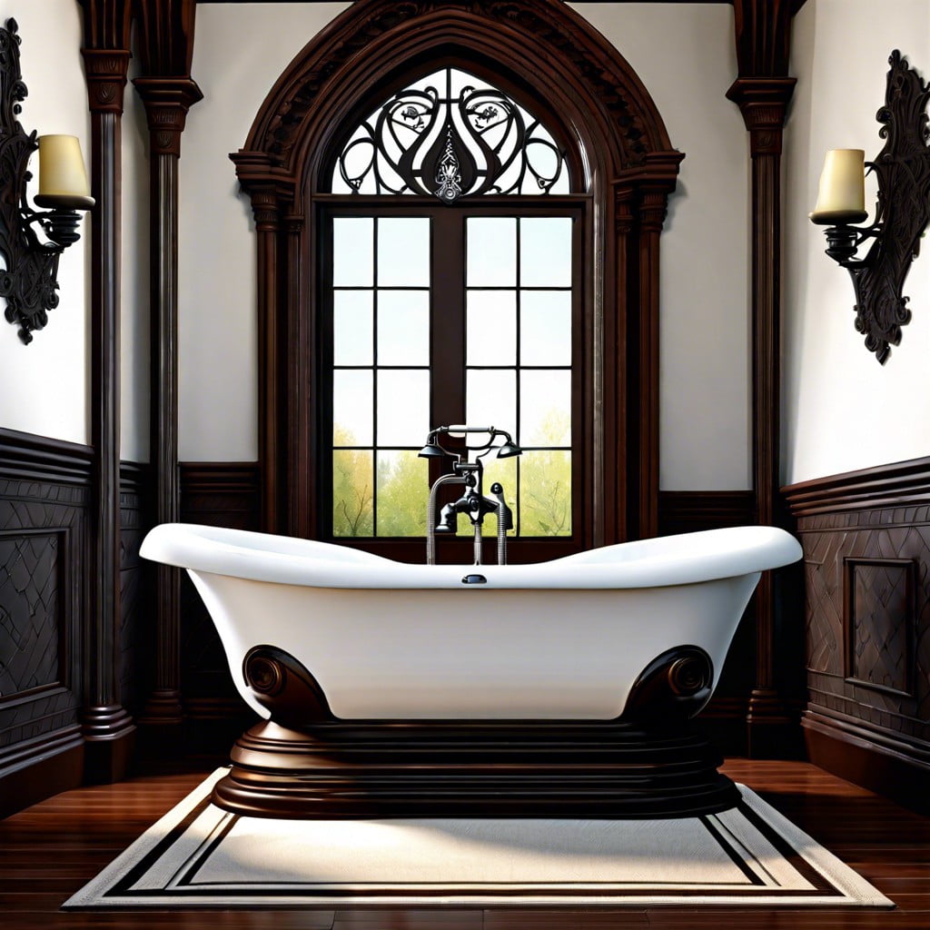 ornate pedestal tub with dark wood accents