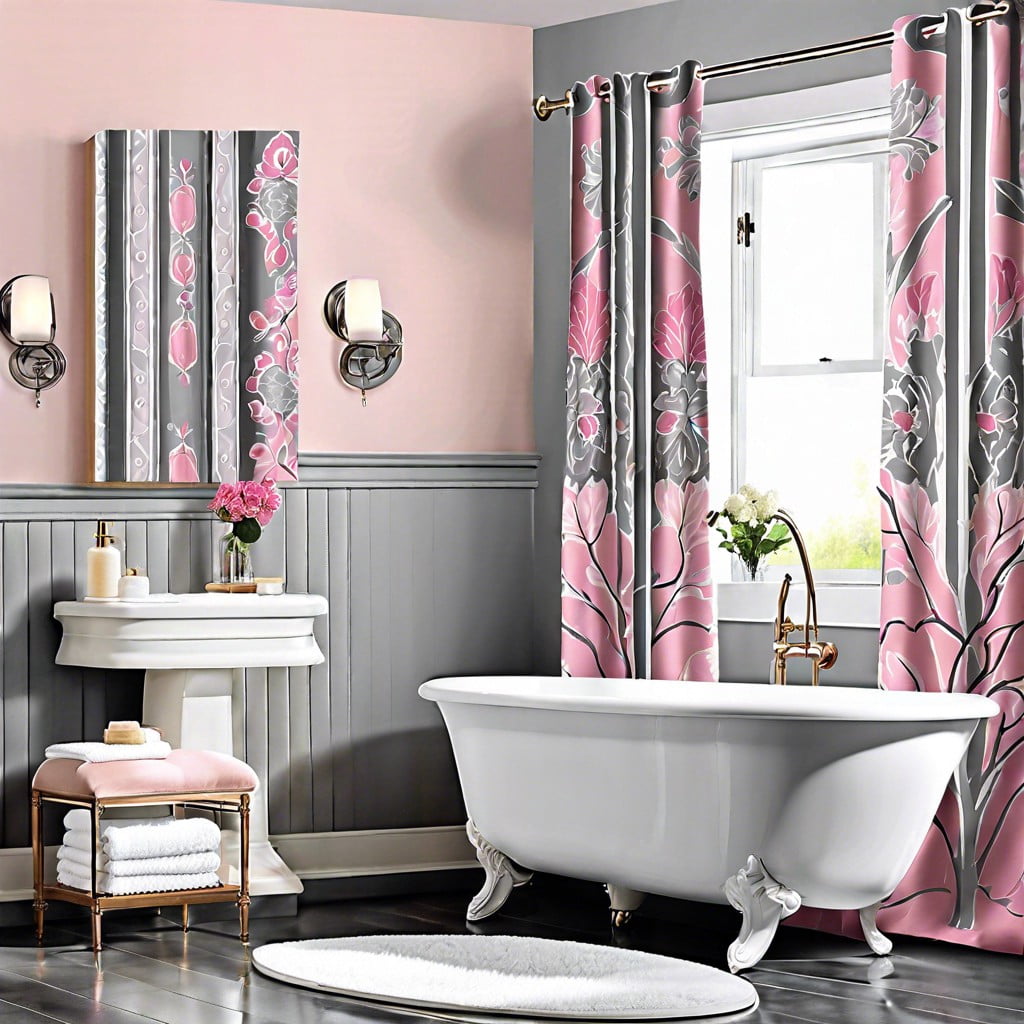 pink and gray patterned window curtains