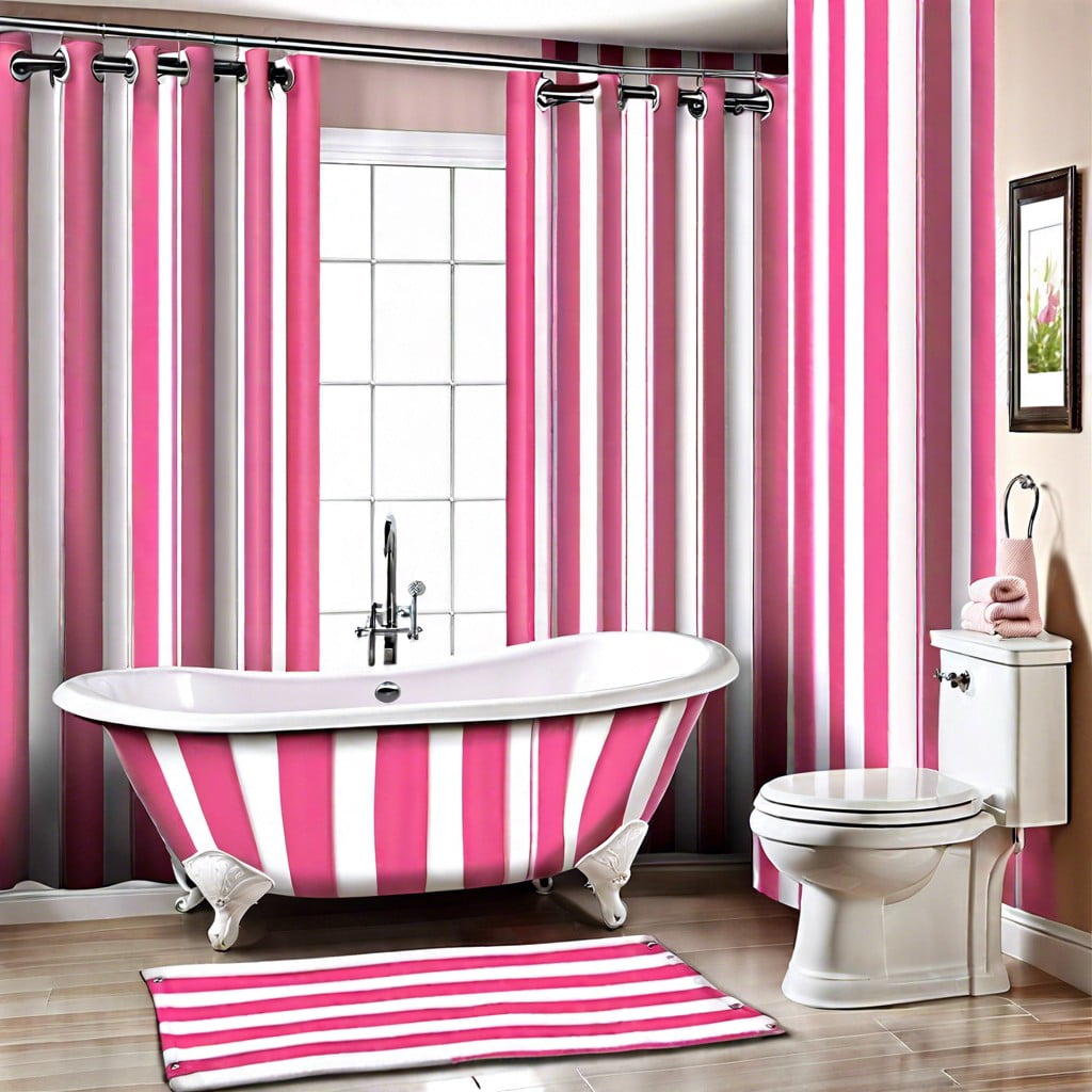 pink and white striped bathroom window curtains