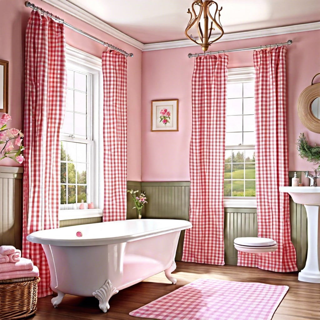pink gingham window curtains for a cottage style bathroom