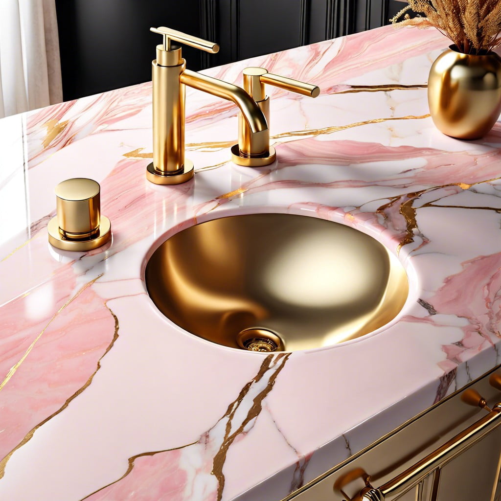 pink marble countertops with gold fixtures