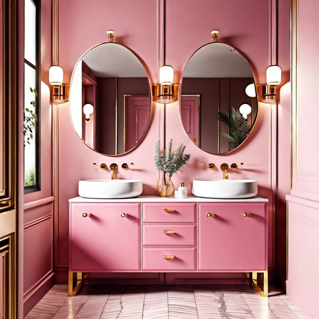 pink painted cabinets with gold handles