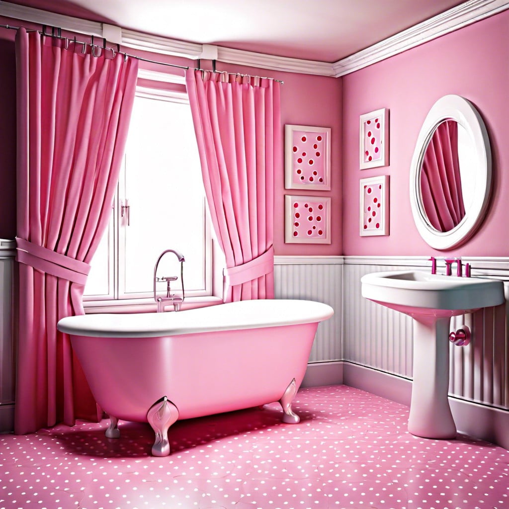 pink polka dot bathroom window curtains for a retro vibe