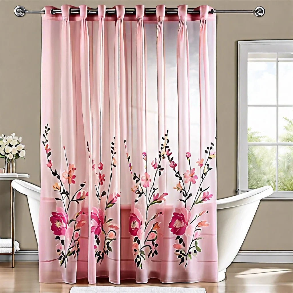 pink sheer window curtain with floral design