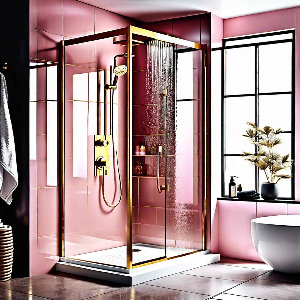 pink tinted glass shower with gold hardware
