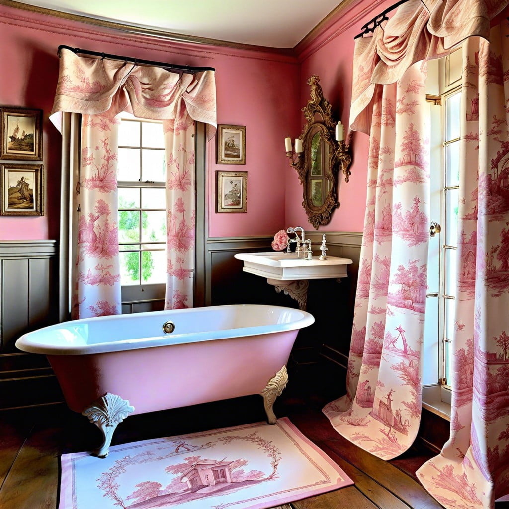 pink toile window curtains for a french country look