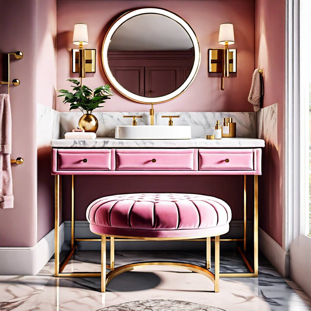 pink velvet vanity bench with gold legs