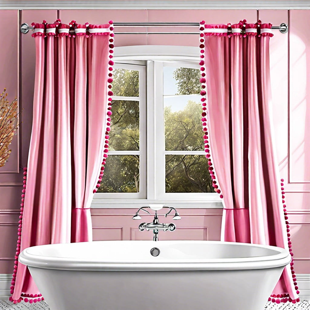 pink window curtains with pom pom trim detailing