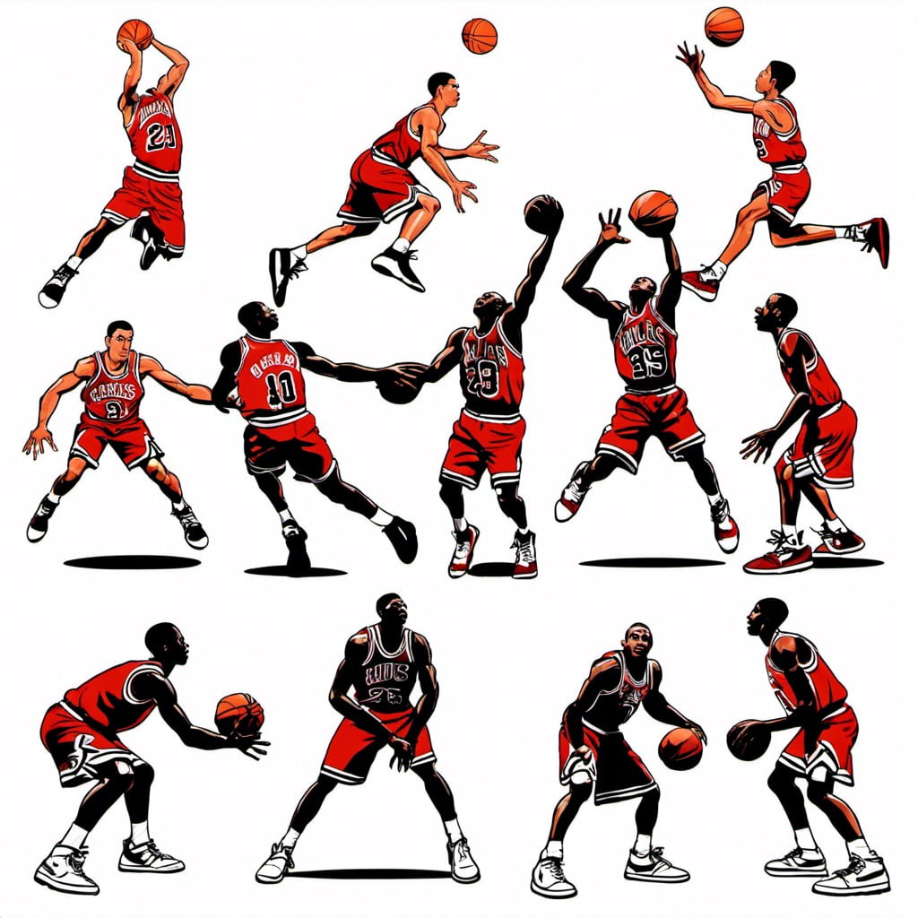 poster of iconic basketball moves like slam dunk cross over