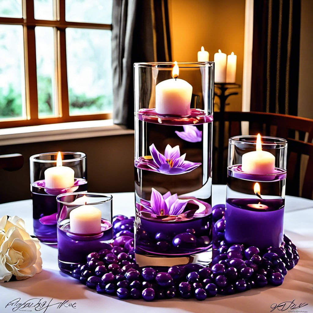 purple tinted water in a vase with floating candles