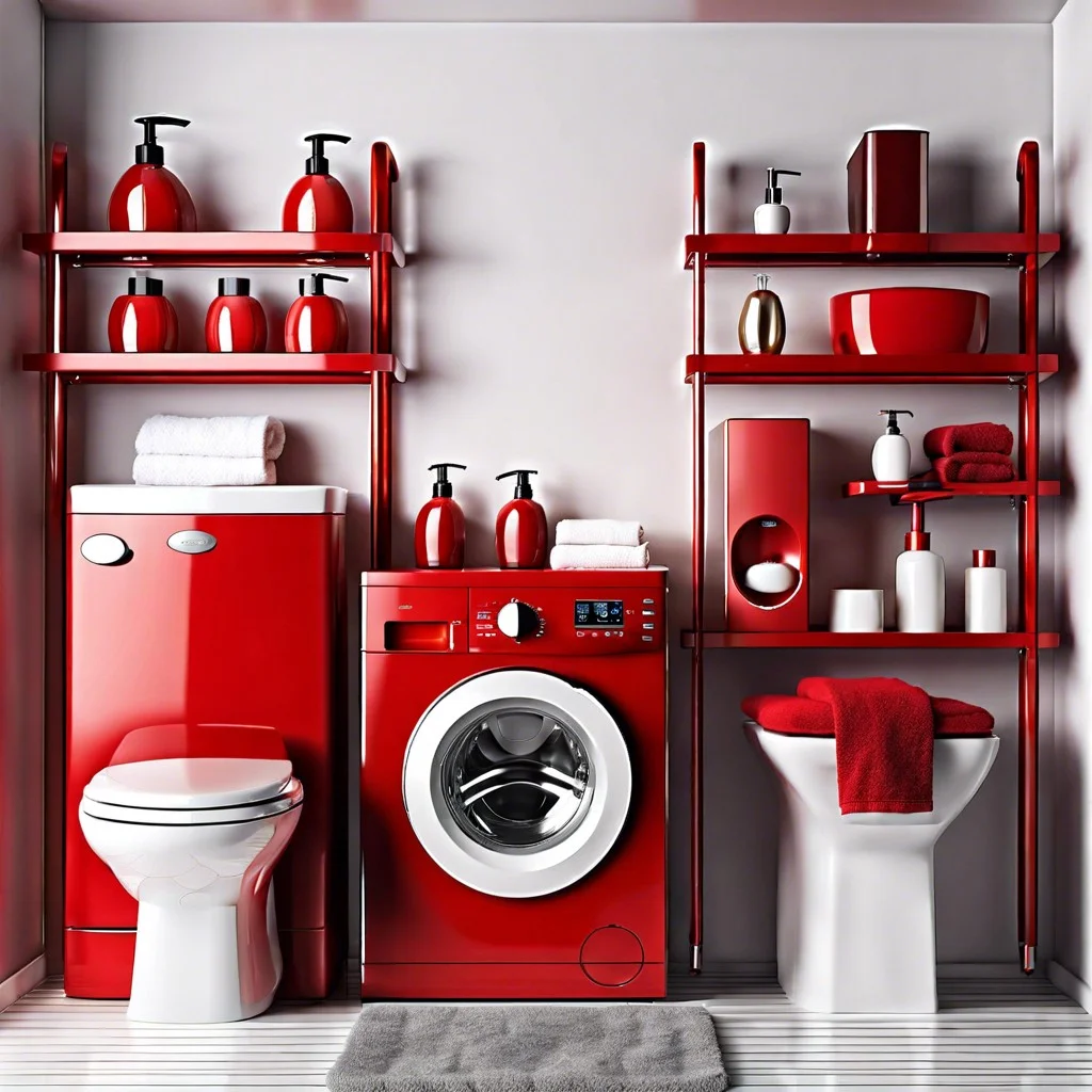 red bathroom appliances on white shelves