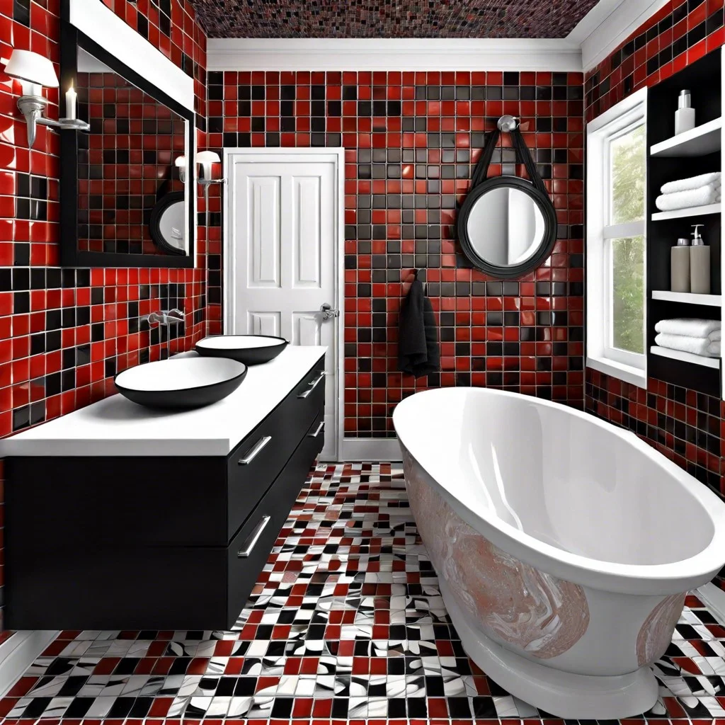 red black and white mosaic bathroom walls