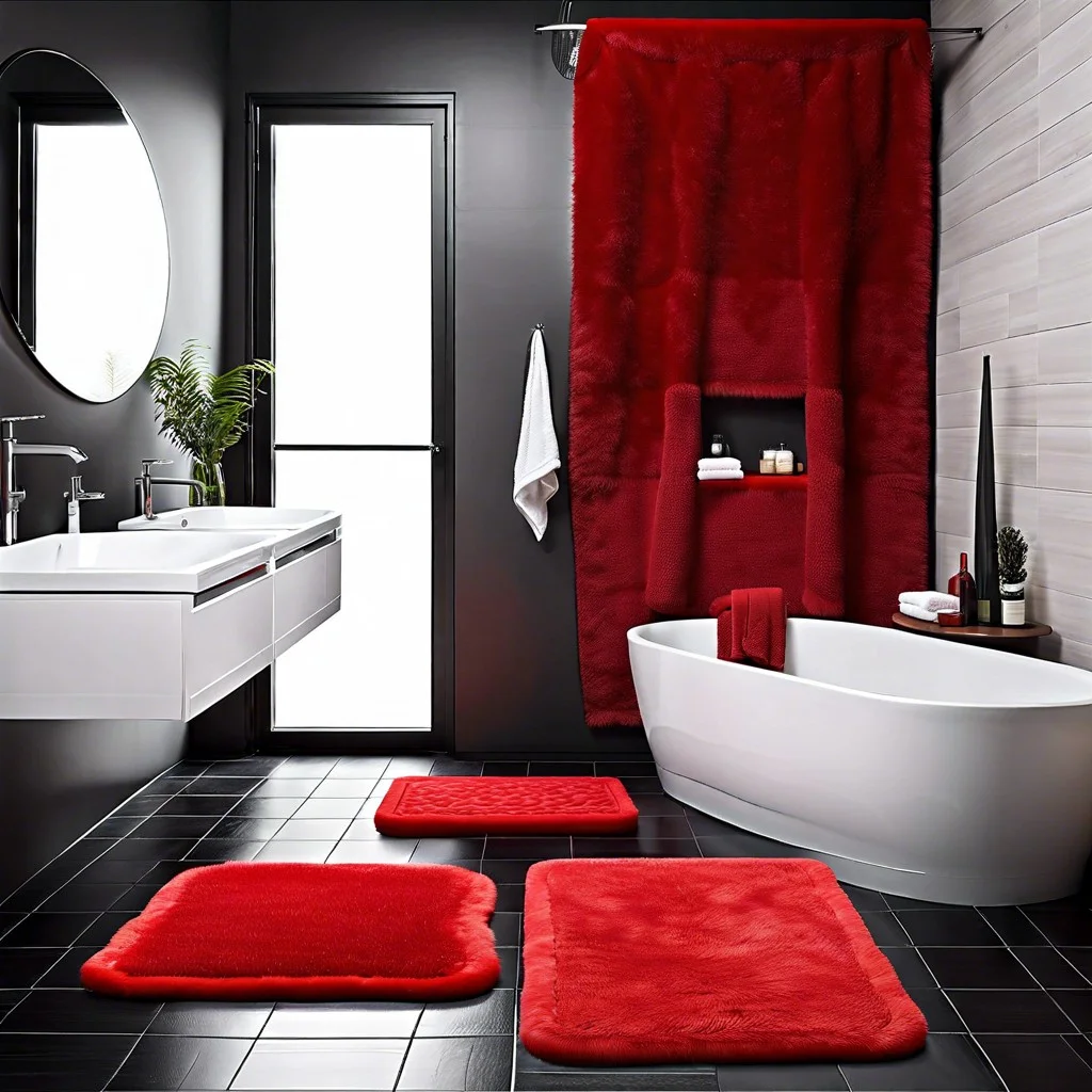red plush bath rugs on black tile floor