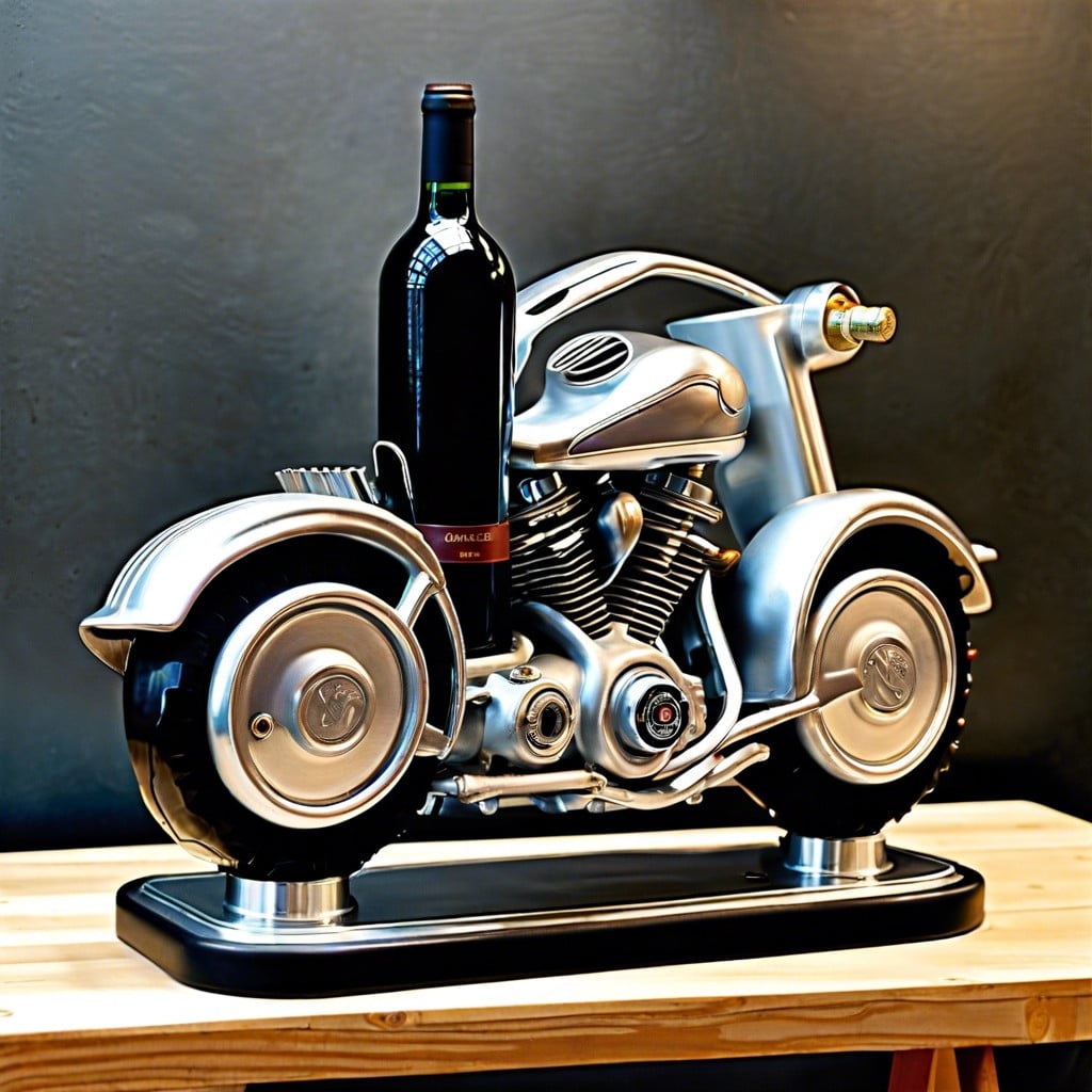 repurposed motorcycle engine wine stand