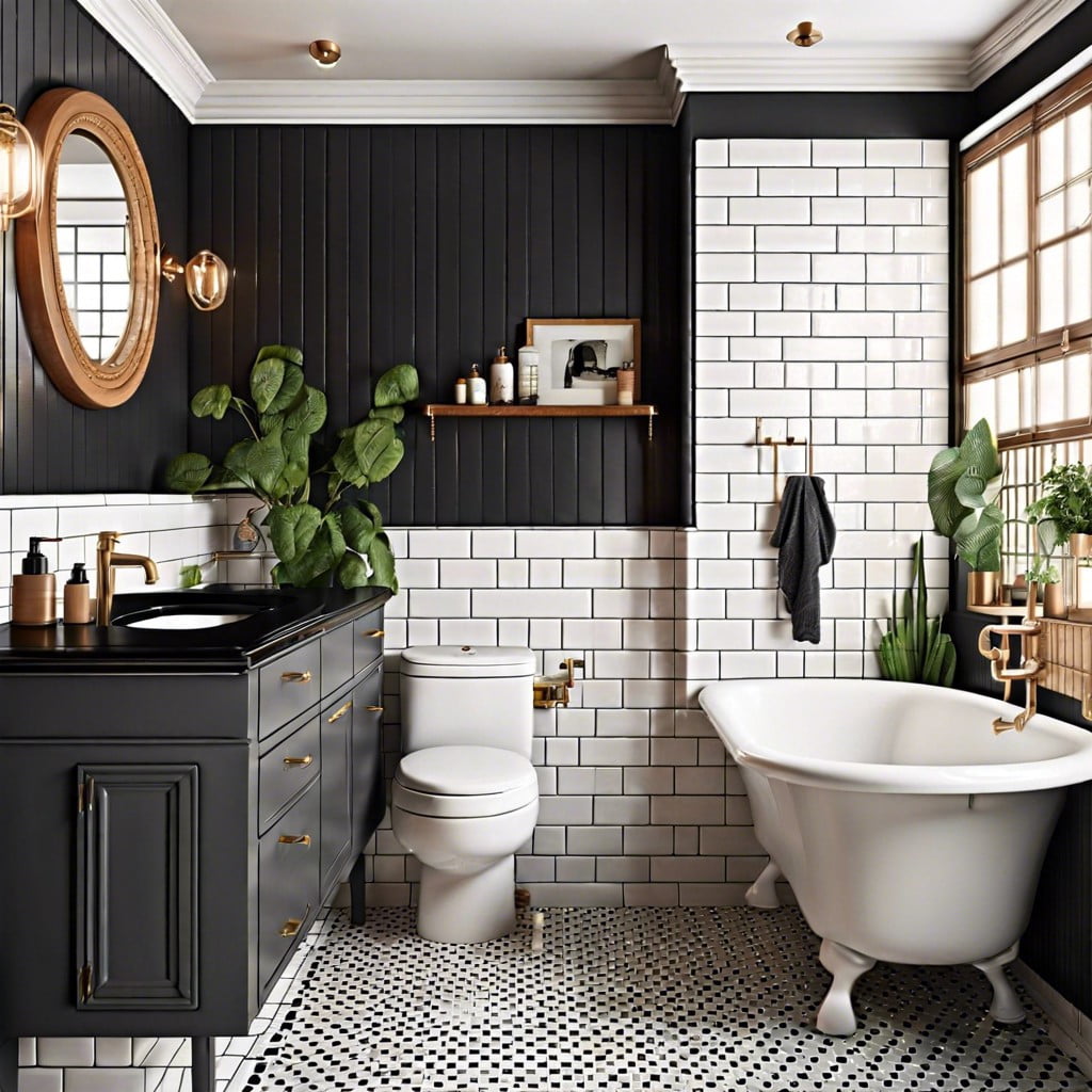 retro charm with black countertop and subway tiles