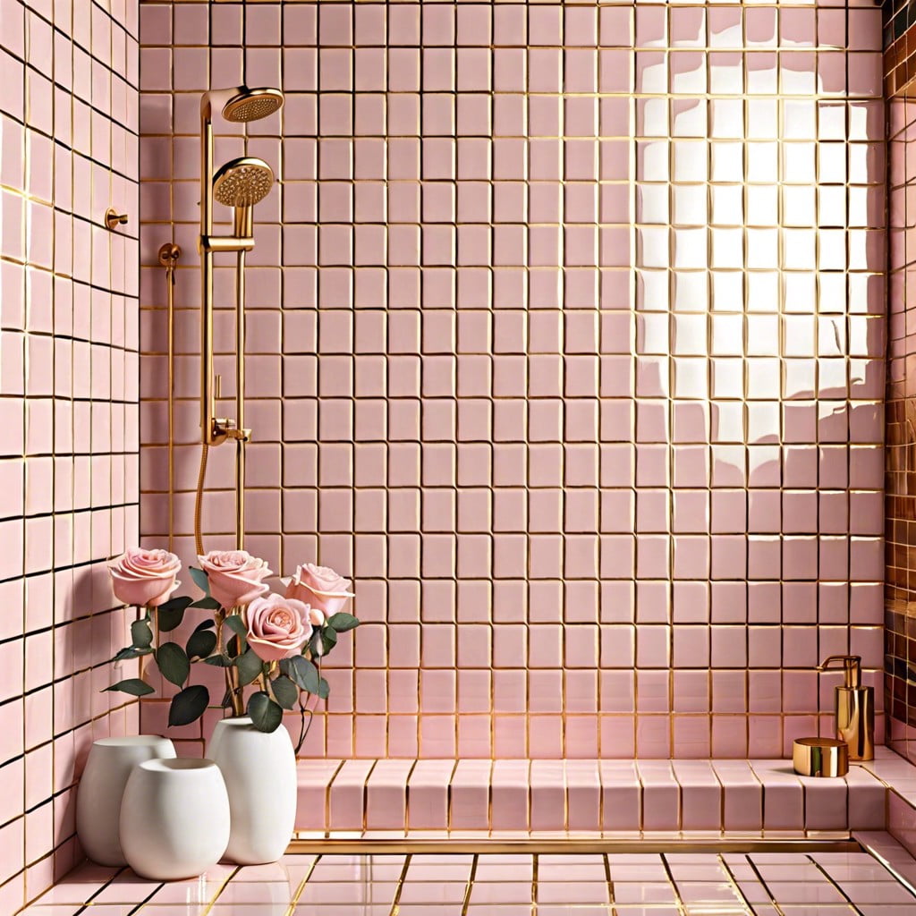 rose pink shower tiles with gold grout