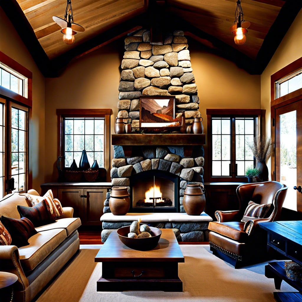 rugged stone fireplace