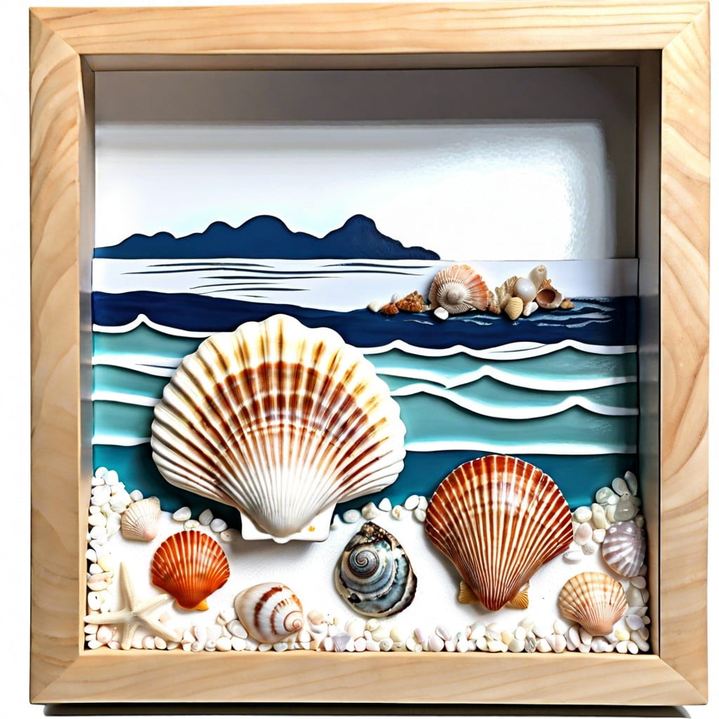 seashell shadow box with an ocean backdrop