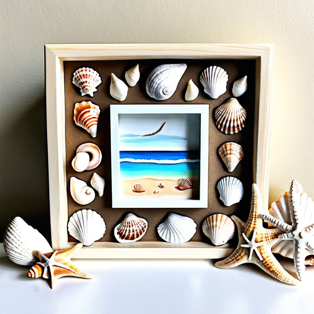 seashells and beach lettering in a shadow box