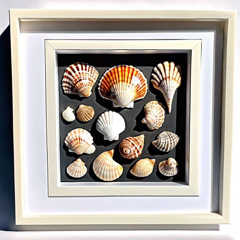 seashells layered in a deep set shadow box