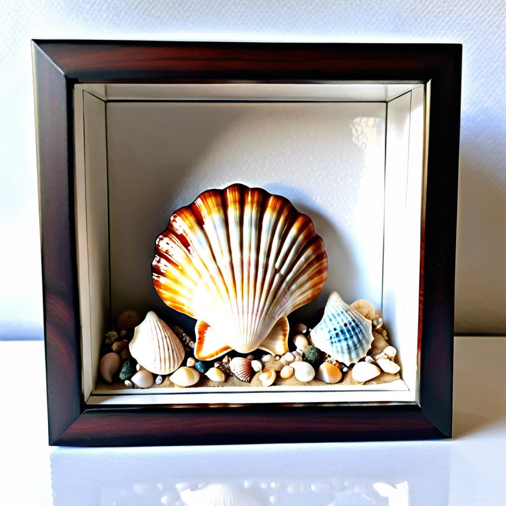 shadow box featuring a centerpiece seashell