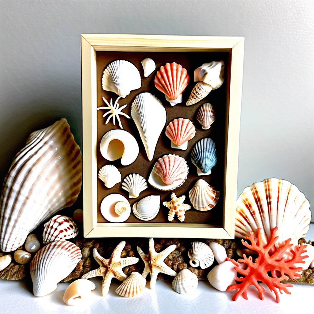 shadow box featuring seashells and coral pieces