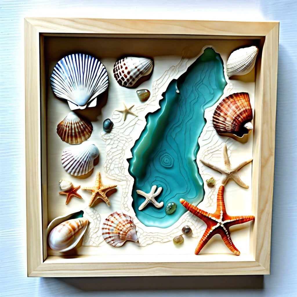 shadow box with seashells and coastal maps