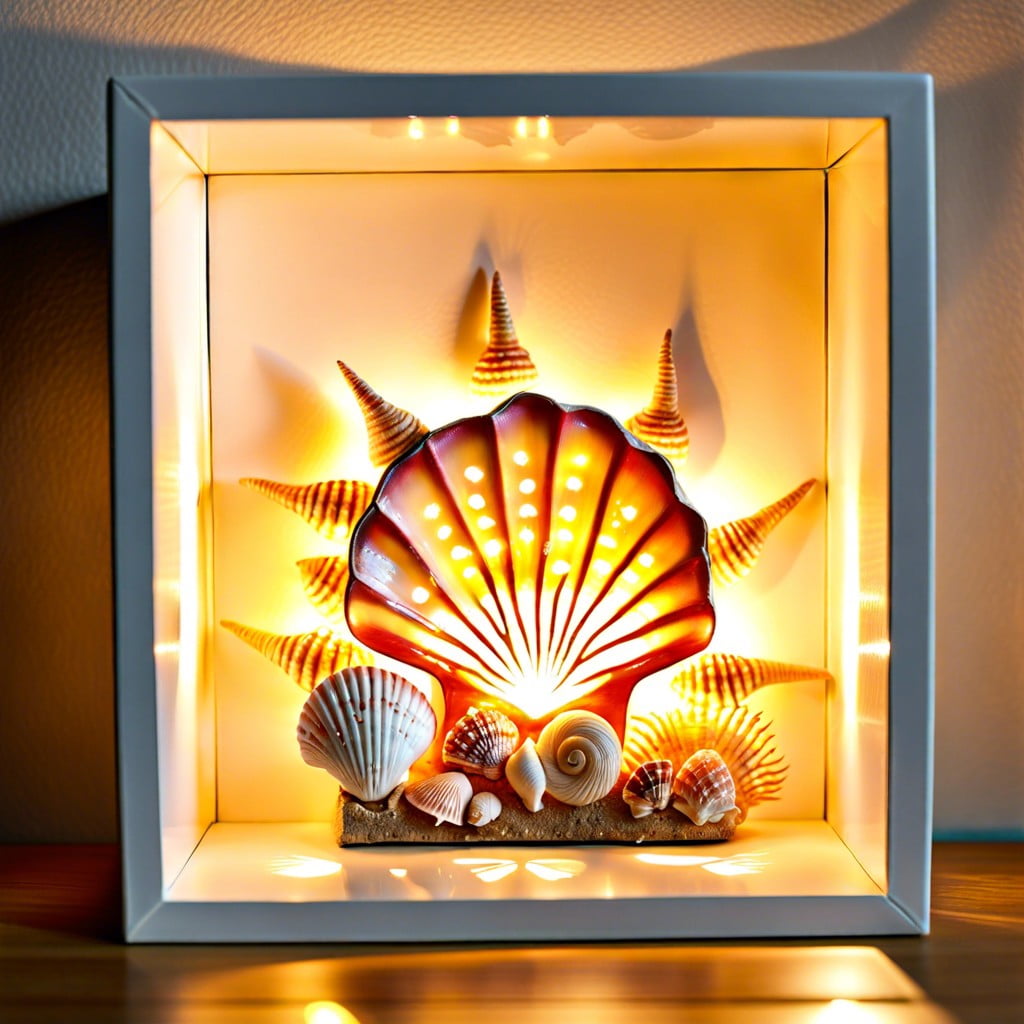 shadow box with seashells and fairy lights