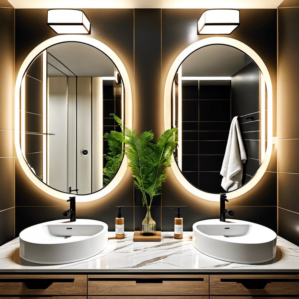 small round sinks paired with large rectangular mirrors