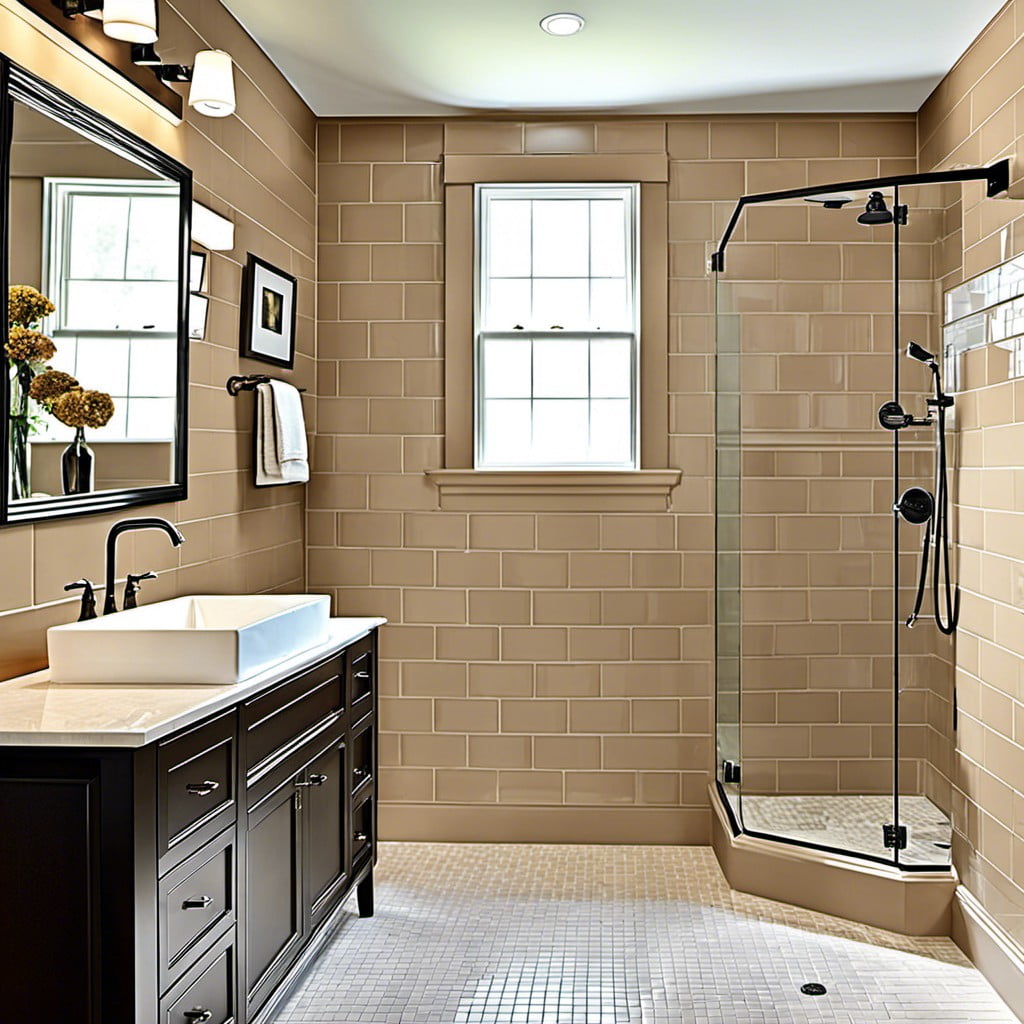 tan subway tile shower walls