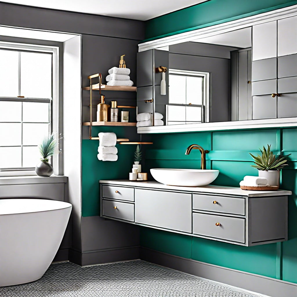 teal shelf liner in gray cabinets