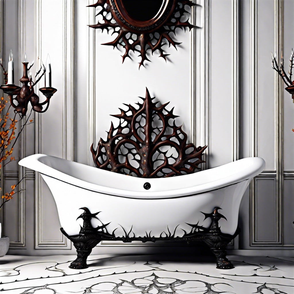 thorn motif encrusted white porcelain tub