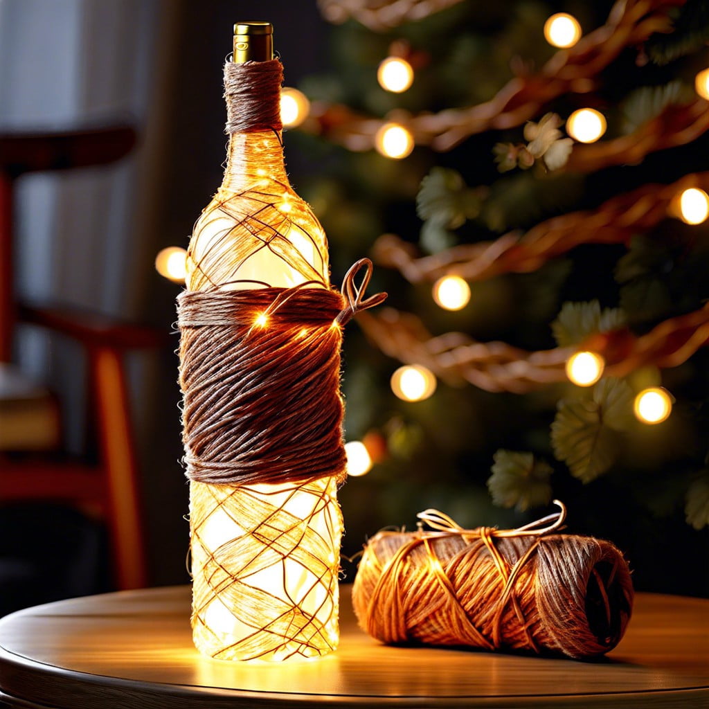 twine wrapped wine bottle with lights