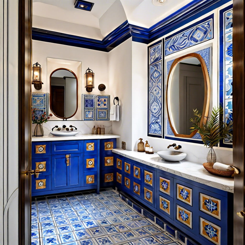 vanity with blue and white greek tiles