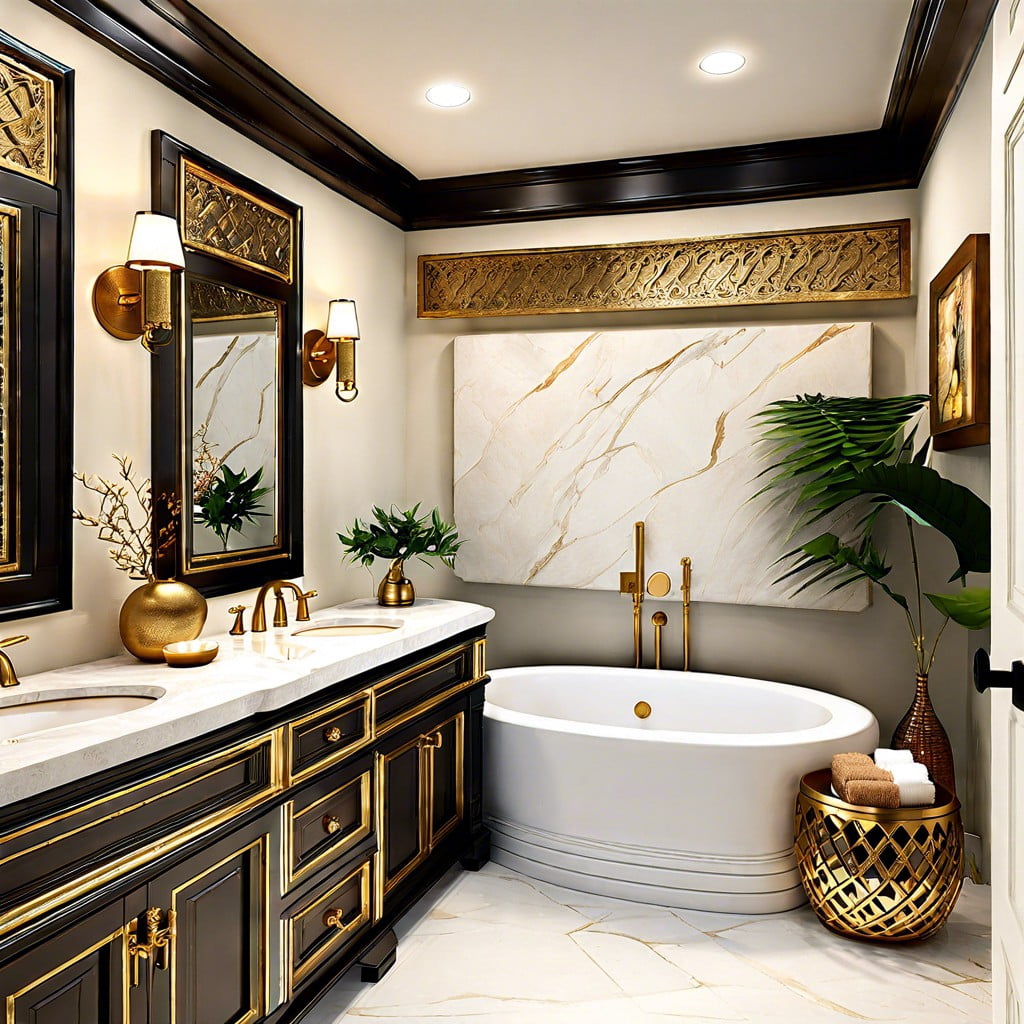 vanity with gold accents and lush textures