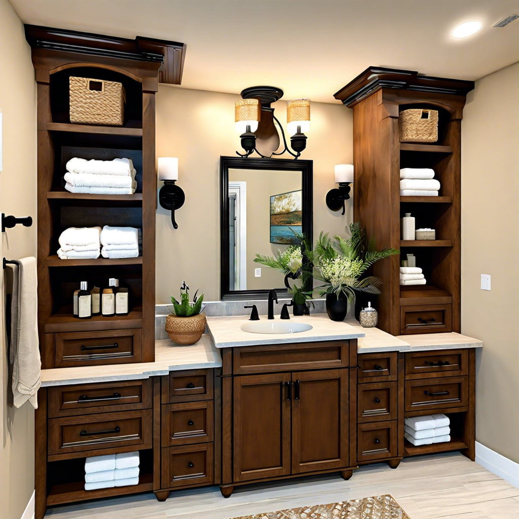 vanity with open shelving for linen storage