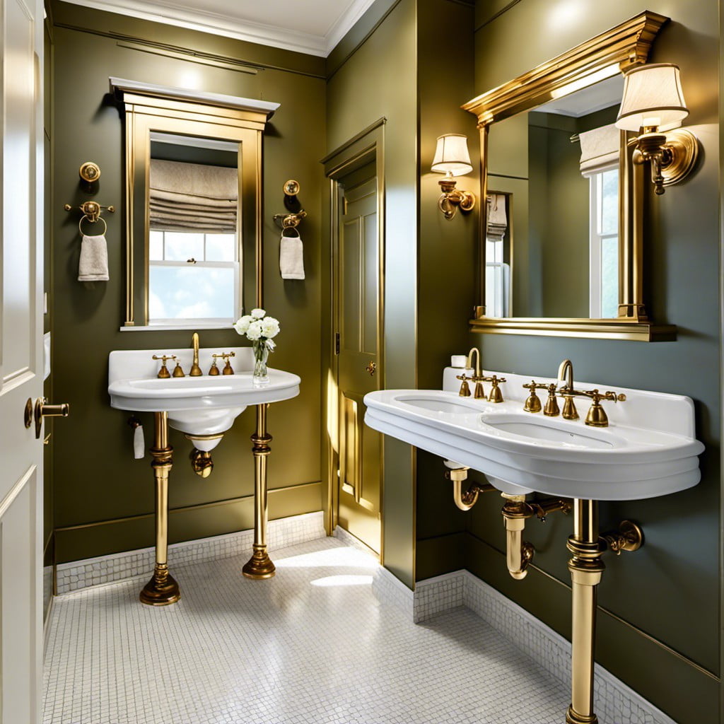 vintage charm with pedestal sinks and brass fixtures