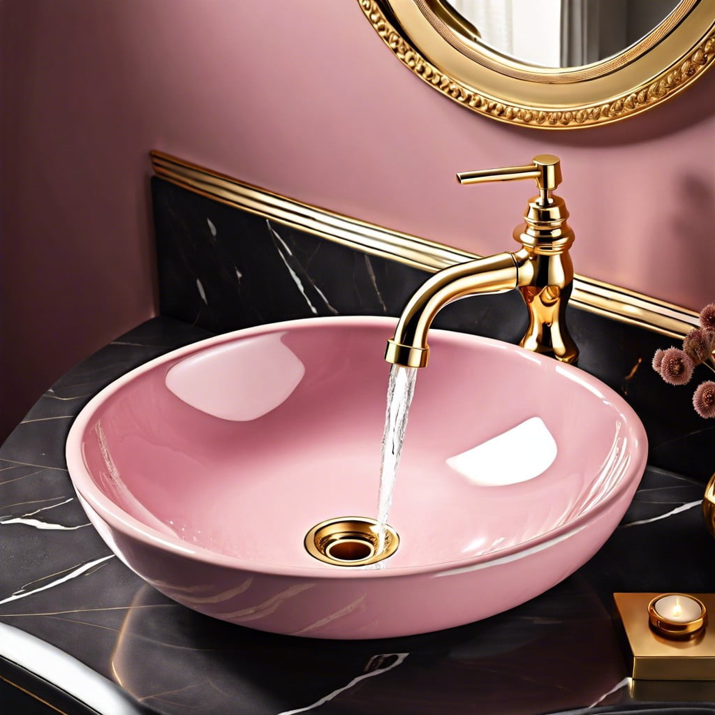vintage gold faucet with pink porcelain sink